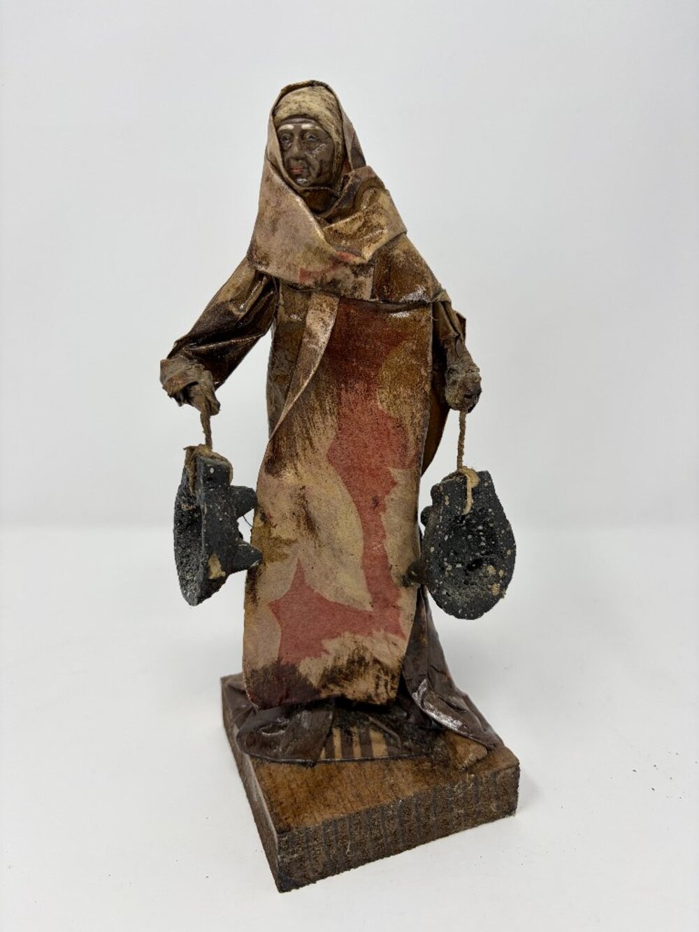 Vintage Mexican Folk Art Paper Mache Old Woman Figure Handmade Carrying Pots 9"